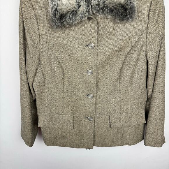 Kate Hill Wool Blend Herringbone Lightweight Blazer Faux Fur Collar Jacket 14W - Picture 3 of 14